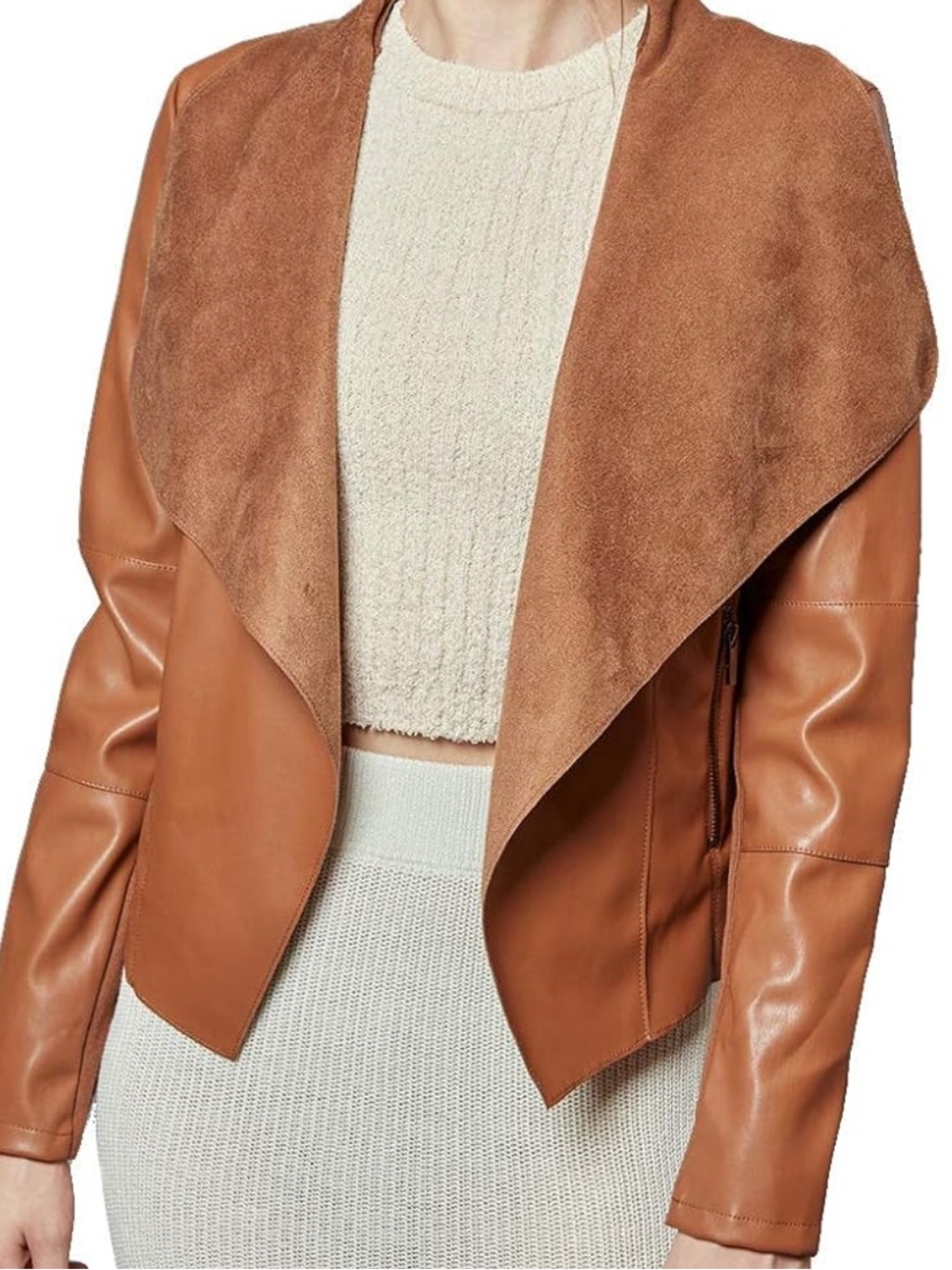 Women's Cognac Faux-Leather Draped Jacket